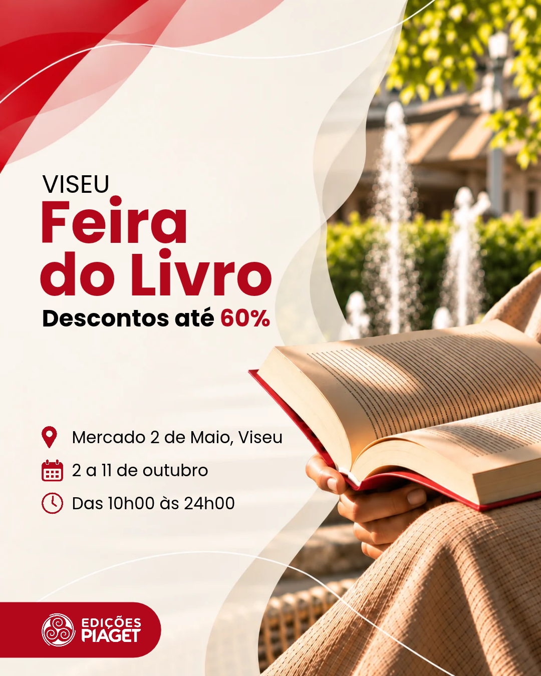 Cartaz da participação das Edições Piaget na Feira do Livro de Viseu, de 2 a 11 de outubro, no Mercado 2 de Maio, com descontos até 60%.